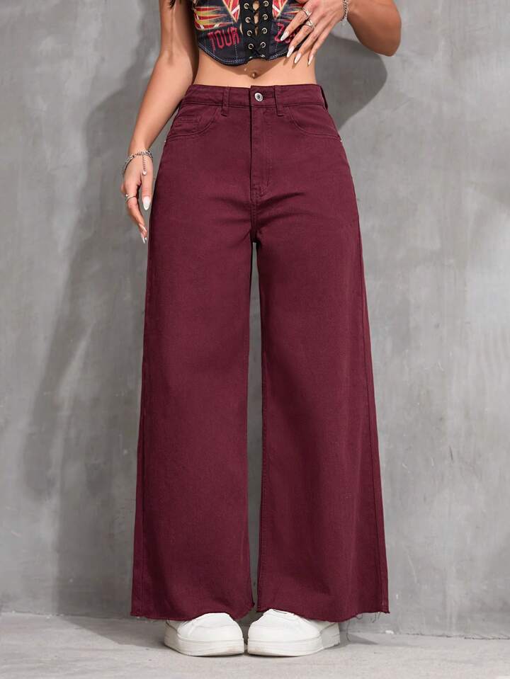 CM-BS311211 Women Casual Seoul Style Solid Color High Waist Wide Leg Jeans - Burgundy