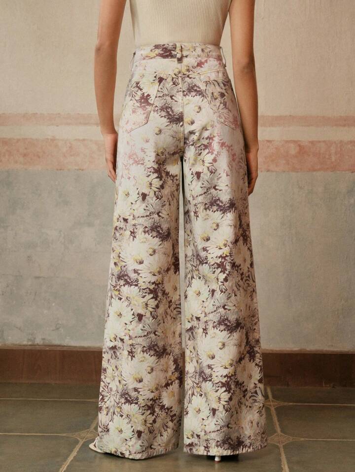 CM-BS172777 Women Casual Seoul Style Floral Printed High-Waisted Wide Leg Jeans - Yellow