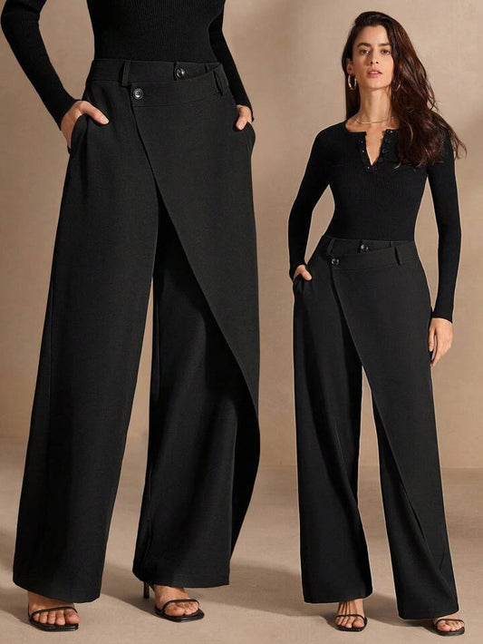 CM-BS635675 Women Elegant Seoul Style Asymmetrical Draping Cross-Wrap Pockets Straight-Leg Pants - Black