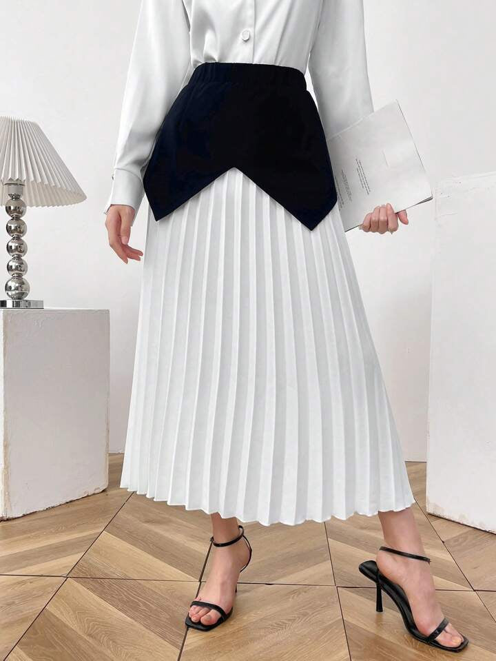 CM-BS695561 Women Elegant Seoul Style Color Block Pleated A-Line Long Skirt