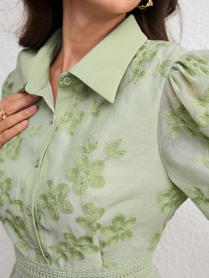 CM-DS301711 Women Elegant Seoul Style Turn-Down Collar Waist Banded Embroidered Long Dress - Green