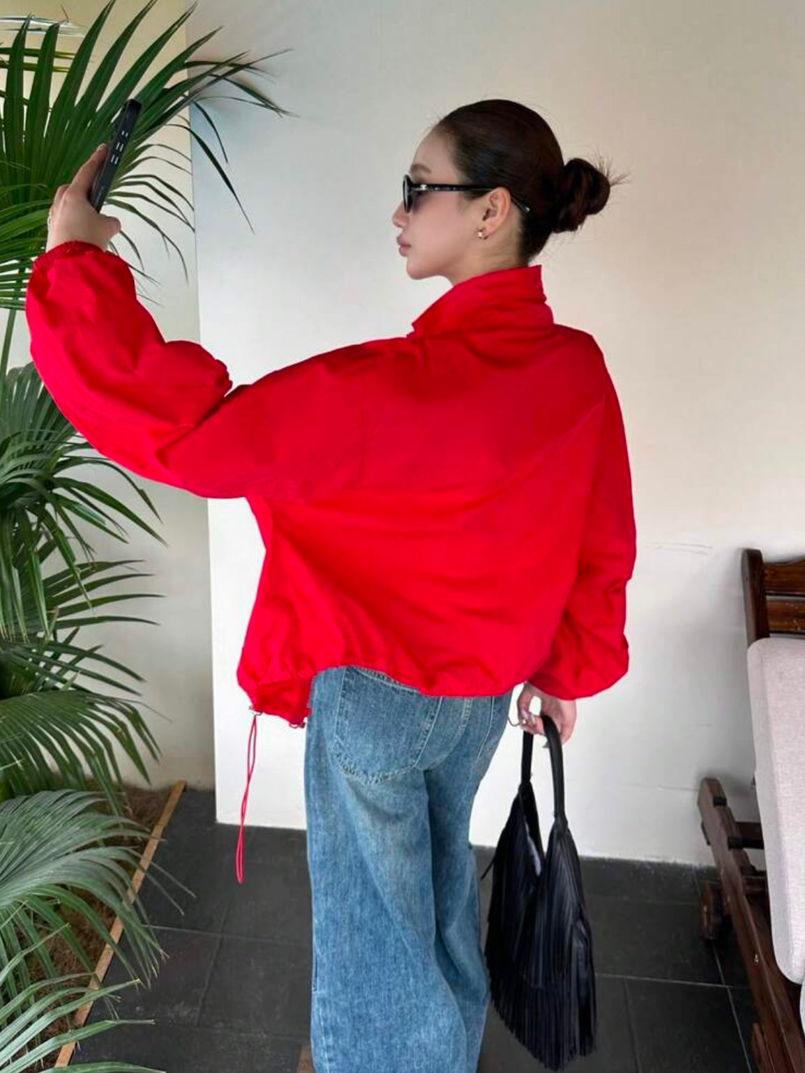 CM-CS791546 Women Casual Seoul Style Drawstring Collar Loose Fit Short Lightweight Jacket - Red
