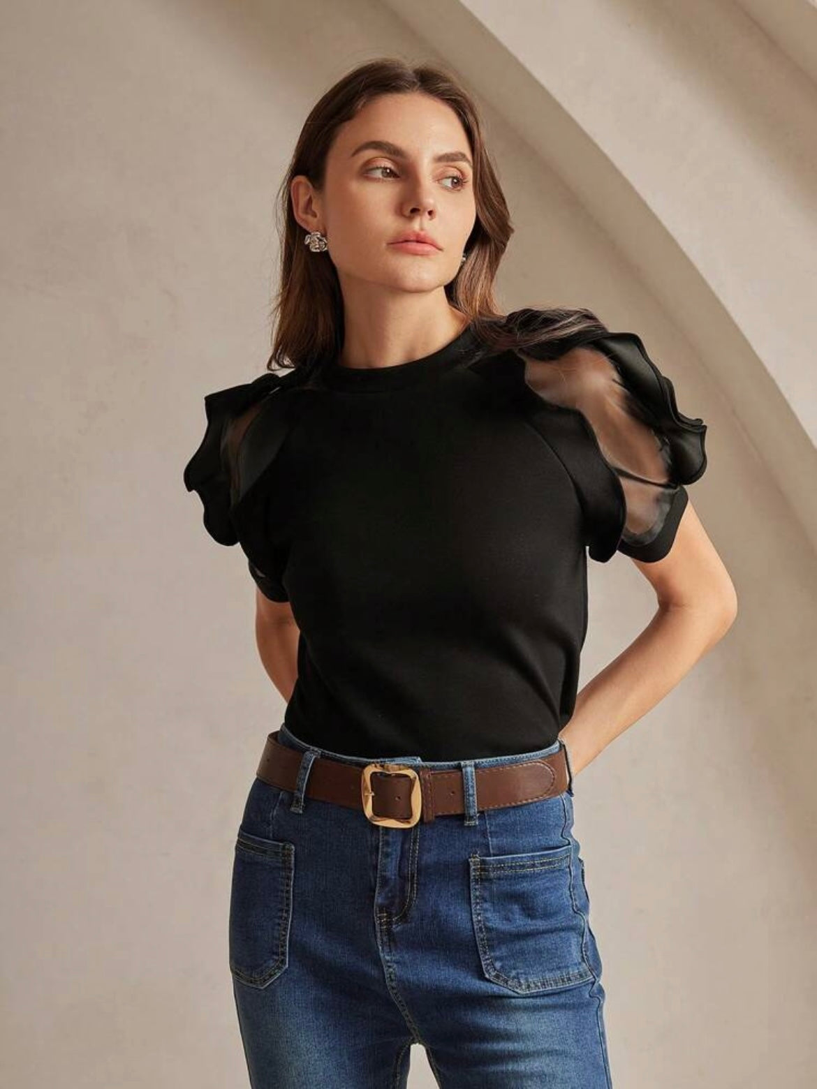 CM-TS001747 Women Elegant Seoul Style Round Neck Ruffle Trim Fitted Short Sleeve T-Shirt - Black