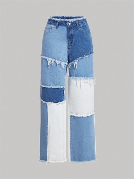 CM-BS017115 Women Casual Seoul Style Contrast Color Loose Fit Frayed Hem Denim Jeans