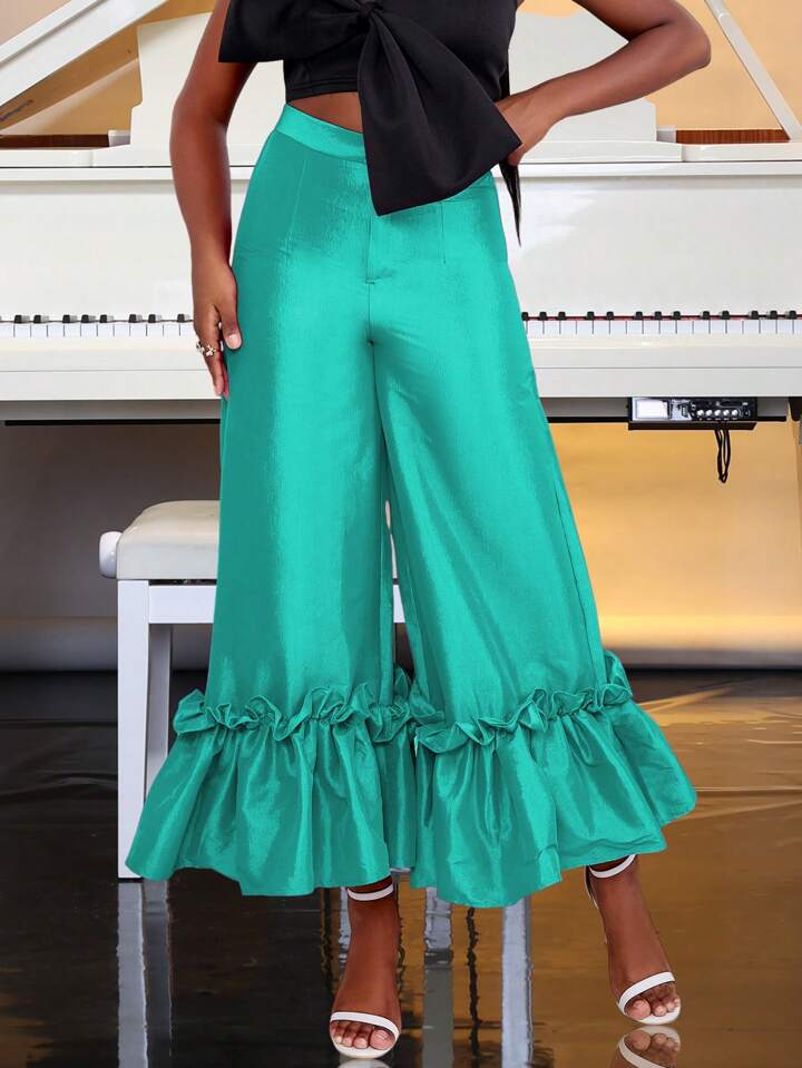 CM-BS112010 Women Elegant Seoul Style Bell Bottom Ruffle Trim Wide Leg Pants - Green