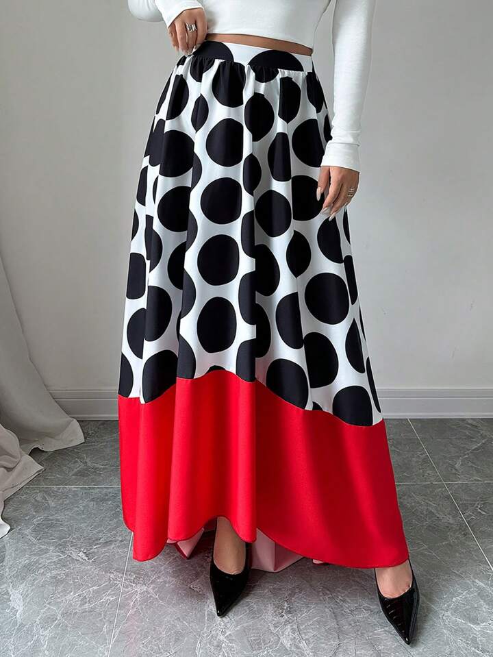 CM-BS444364 Women Casual Seoul Style Large Polka Dot Solid Color Patchwork A-Line Maxi Skirt