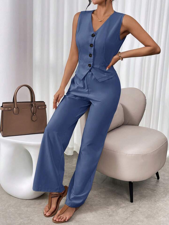 CM-SS164318 Women Casual Seoul Style V-Neck Sleeveless Single Breasted Suit Vest With Long Pants - Blue