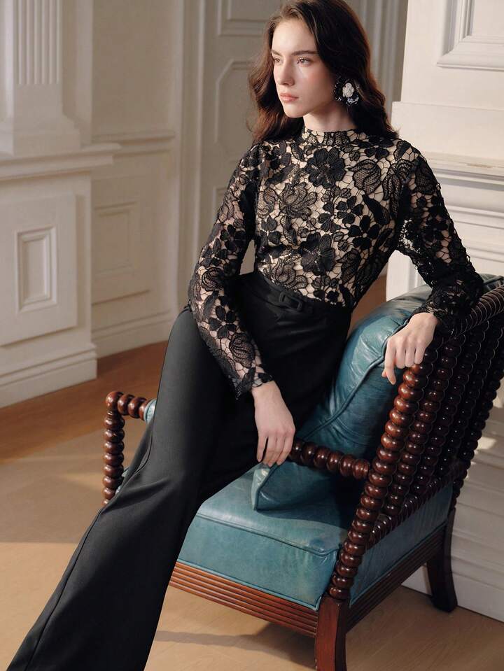 CM-JS645033 Women Elegant Seoul Style Stand Collar Long Sleeve Embroidery Hollow-Out Patchwork Jumpsuit - Black