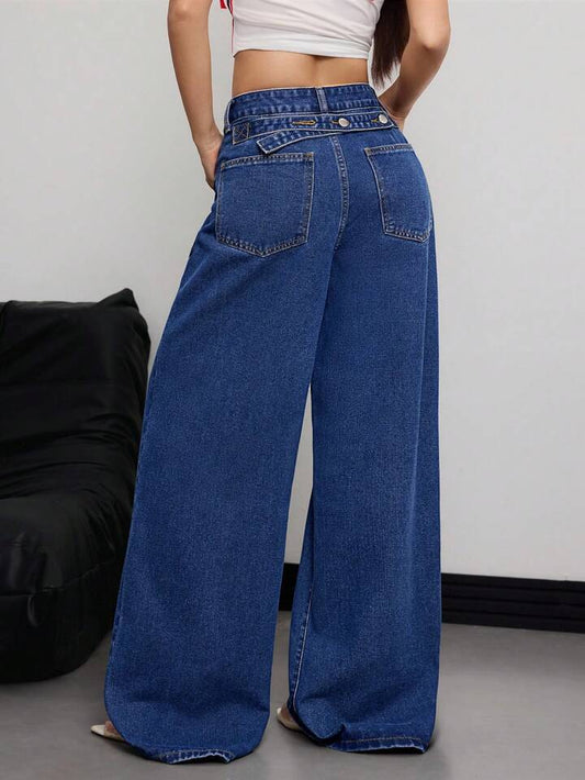 CM-BS482125 Women Casual Seoul Style Dark Wash Loose Fit Pockets Palazzo Wide-Leg Jeans