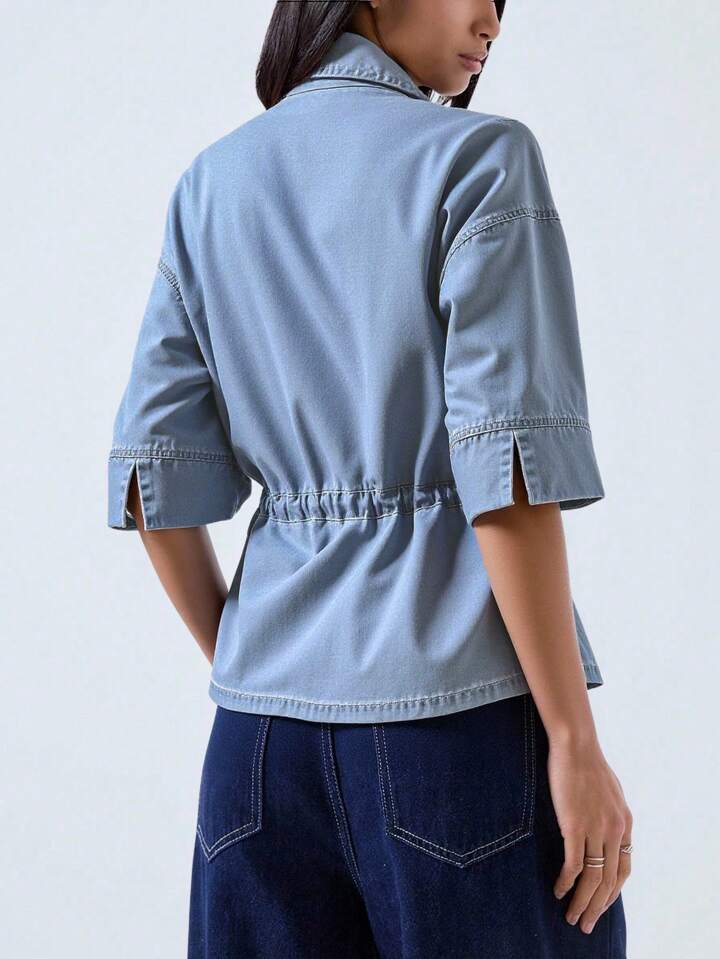 CM-TS222835 Women Casual Seoul Style Shirt Collar Short Sleeve Loose Button Pocket Drawstring Waist Denim Top