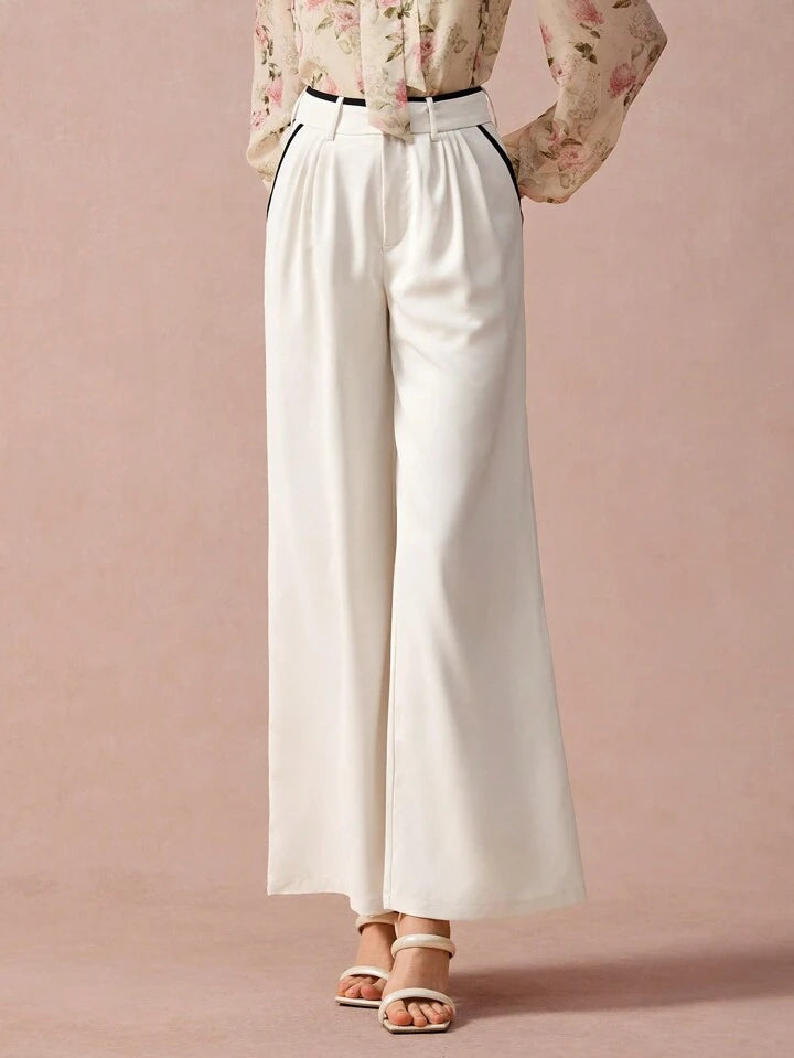 CM-BS976726 Women Casual Seoul Style Contrast Trim Slant Pocket Wide Leg Pants - Apricot