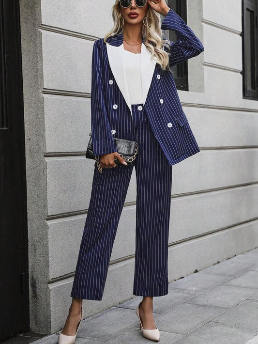 CM-SS919896 Women Elegant Seoul Style Striped Print Contrast Peak Collar Double Breasted Blazer With Pants Suit