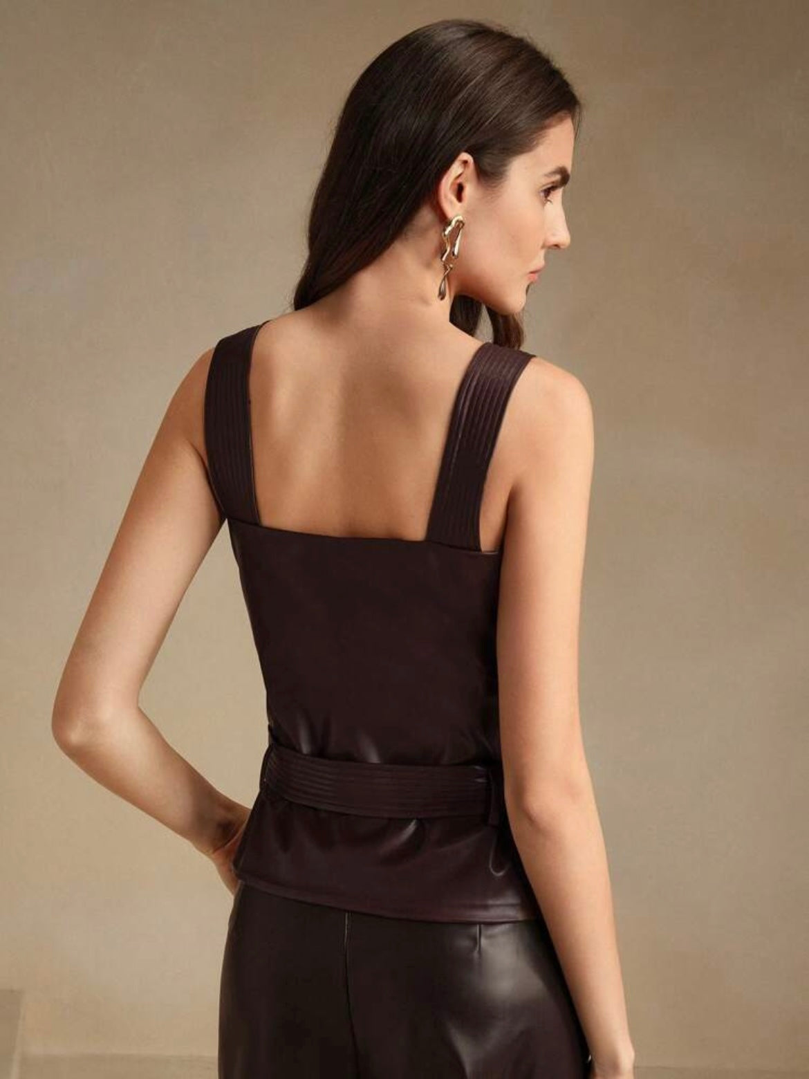 CM-TS629662 Women Elegant Seoul Style PU Leather Sleeveless Belted Cropped Tank Top - Coffee Brown