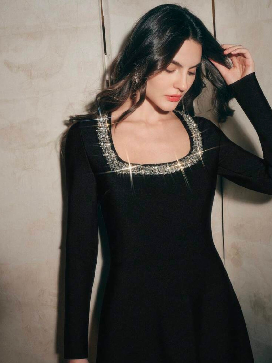 CM-DS016057 Women Elegant Seoul Style Square Neck Long Sleeve Rhinestone Bandage Ribbed A-Line Dress - Black