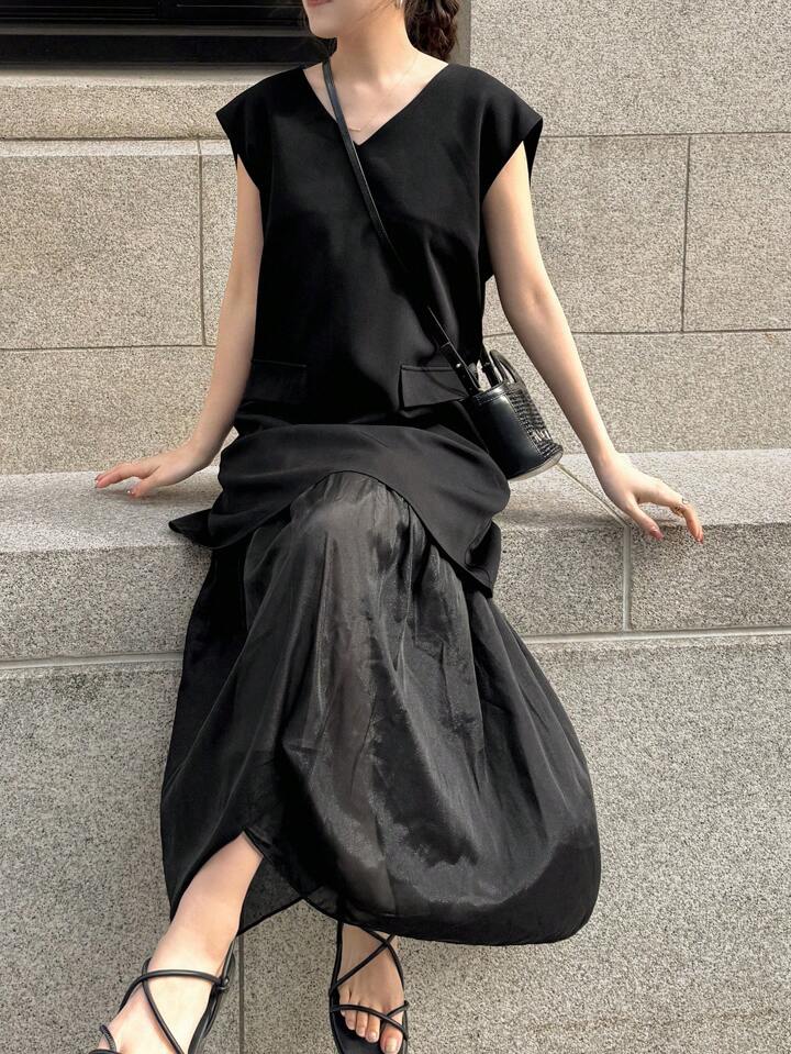 CM-DS198578 Women Casual Seoul Style Round Neck Sleeveless Mesh Patchwork Dress - Black