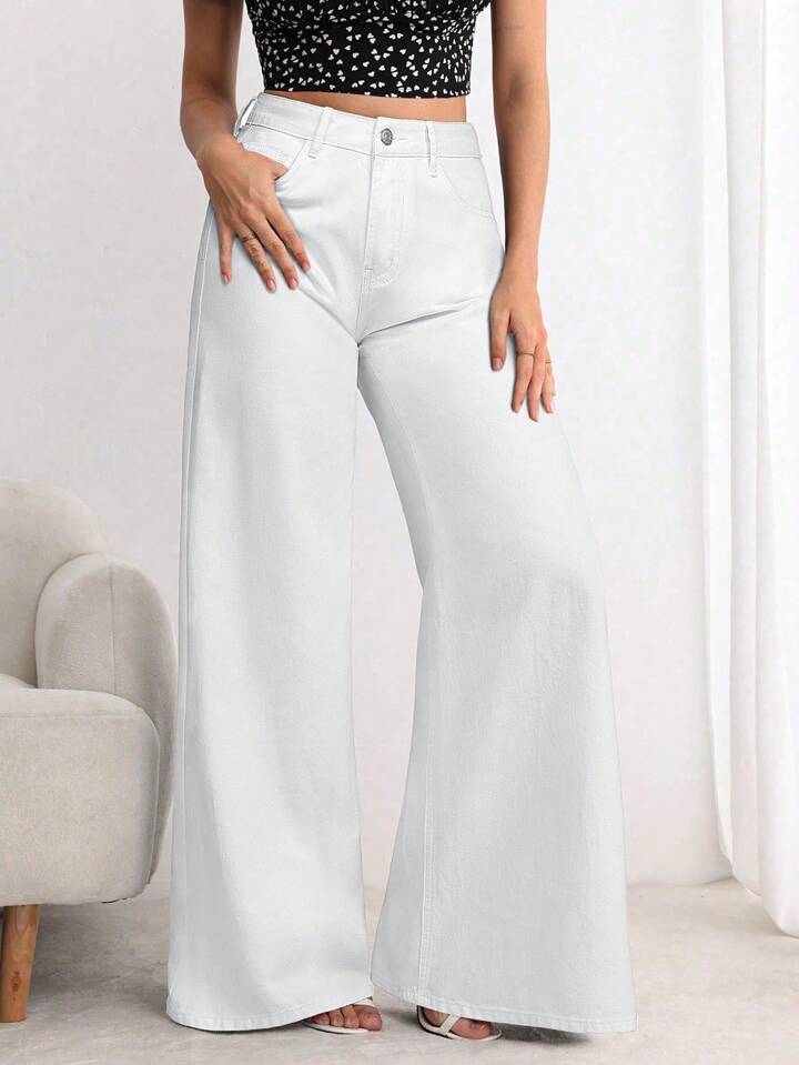 CM-BS099389 Women Elegant Seoul Style Button Front Pocket Loose Wide Leg Jeans - White