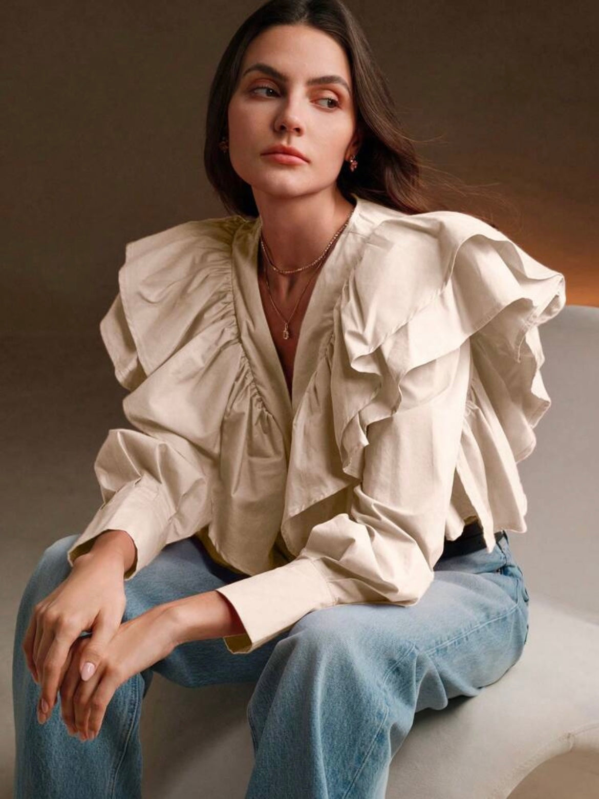 CM-TS770671 Women Elegant Seoul Style Exaggerated Ruffle V-Neck Long Sleeve Blouse - Khaki