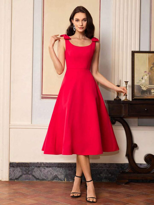 CM-DS182268 Women Elegant Seoul Style Double Bow Strap Design Sleeveless Solid Color Midi Dress - Red