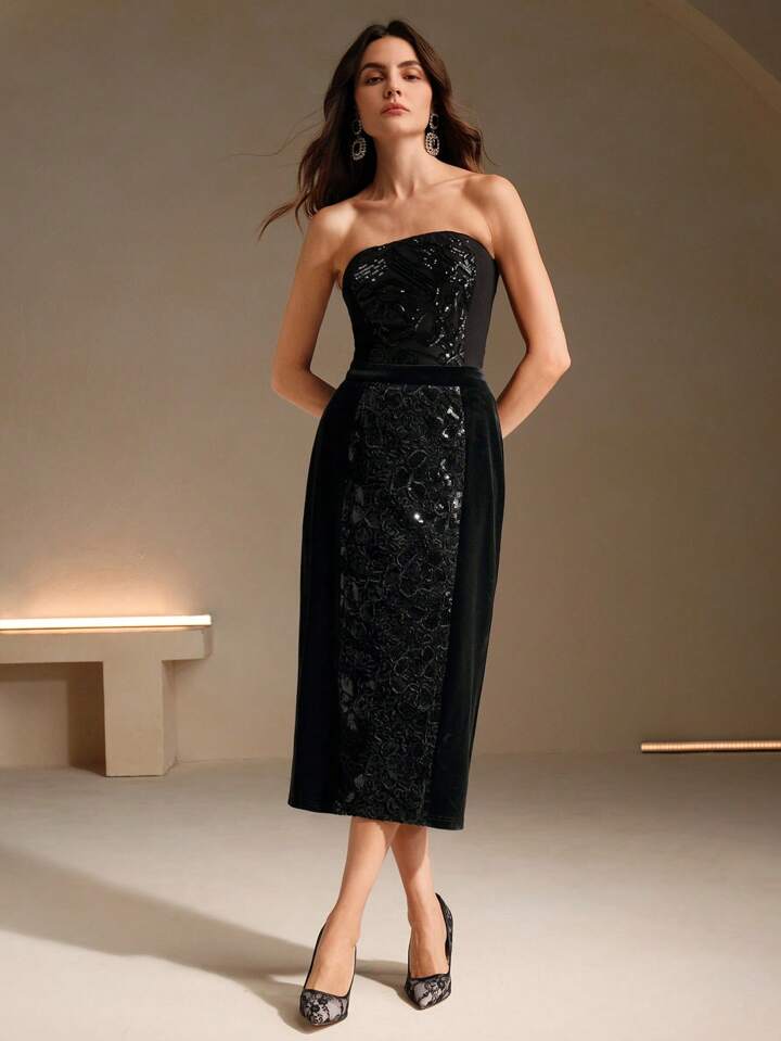 CM-BS320719 Women Elegant Seoul Style 3D Floral Mid-Length Maxi Velvet Skirt - Black