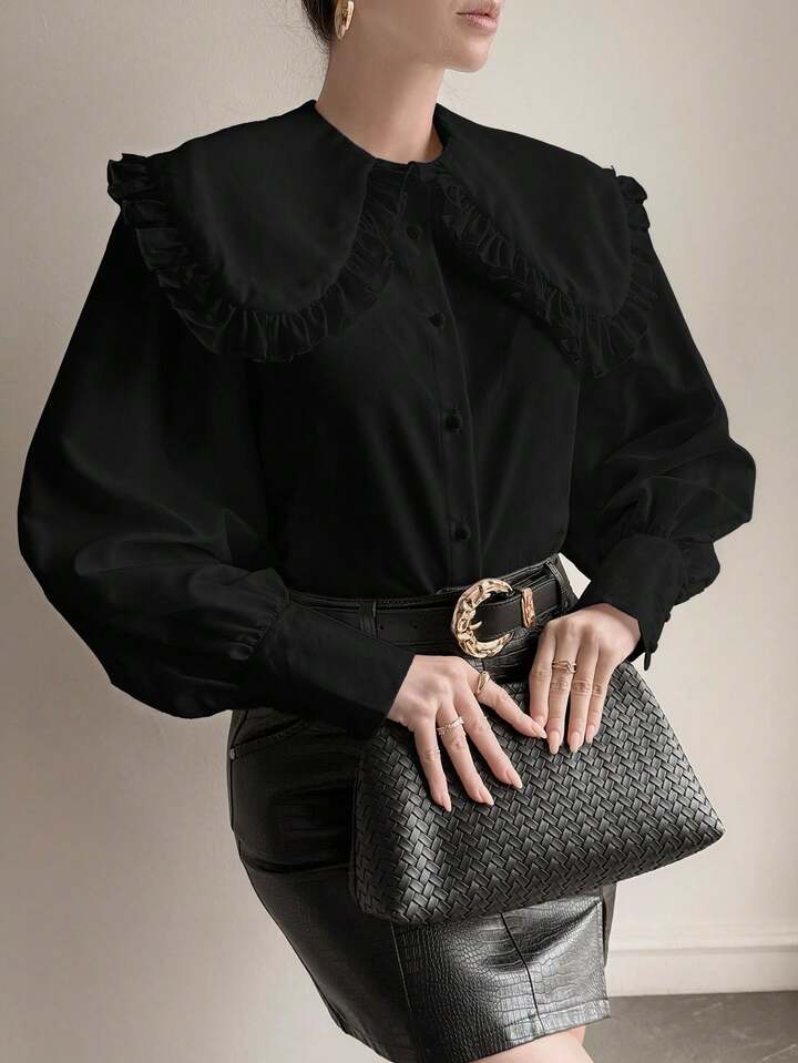 CM-TS789662 Women Elegant Seoul Style Solid Color Peter Pan Collar Bishop Sleeve Ruffle Detail Long Sleeve Blouse