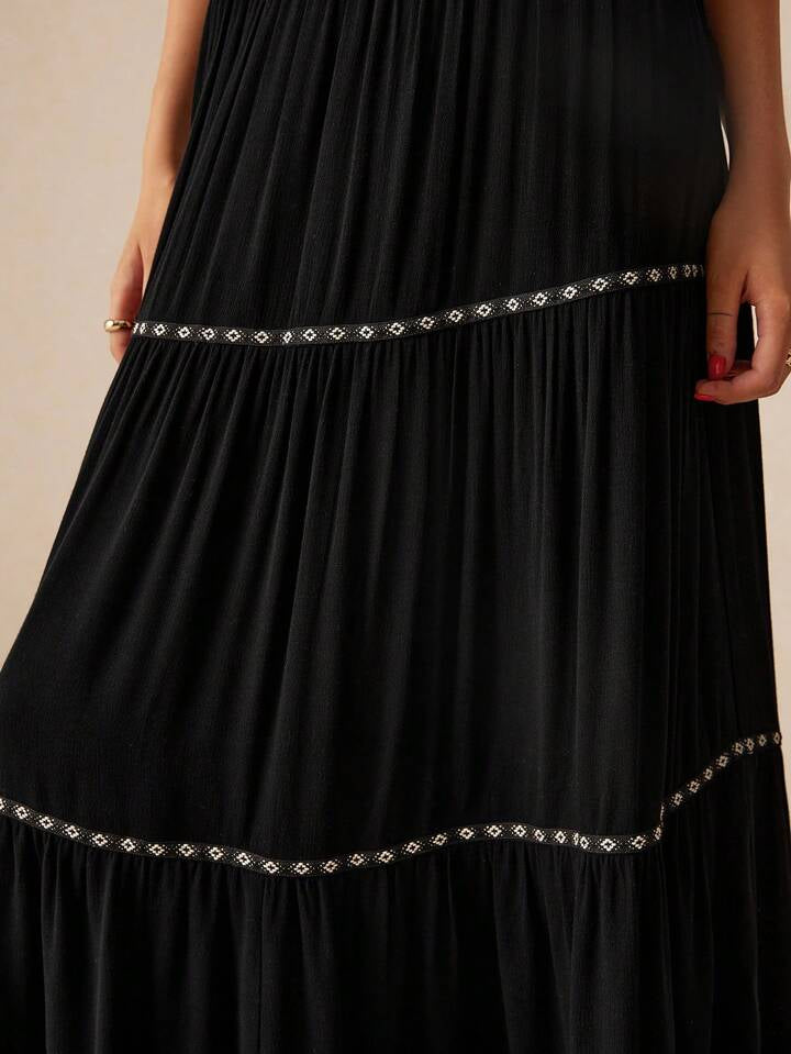 CM-BS838733 Women Trendy Bohemian Style Elastic Waist Patchwork Geometric Long Skirt - Black