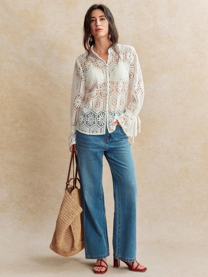 CM-TS656857 Women Trendy Bohemian Style V-Neck Hollow Lace Ruffle Trim Long Sleeve Blouse - White