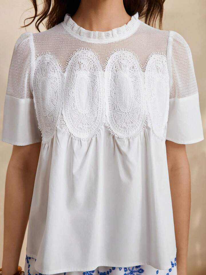 CM-TS479488 Women Casual Seoul Style Round Neck Puff Sleeve Lace Patchwork Loose Shirt - White