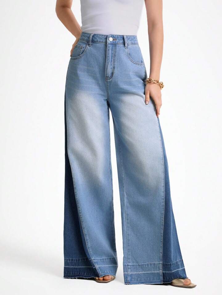 CM-BS921404 Women Casual Seoul Style Light Wash Pockets Design Loose Split Wide-Leg Jeans