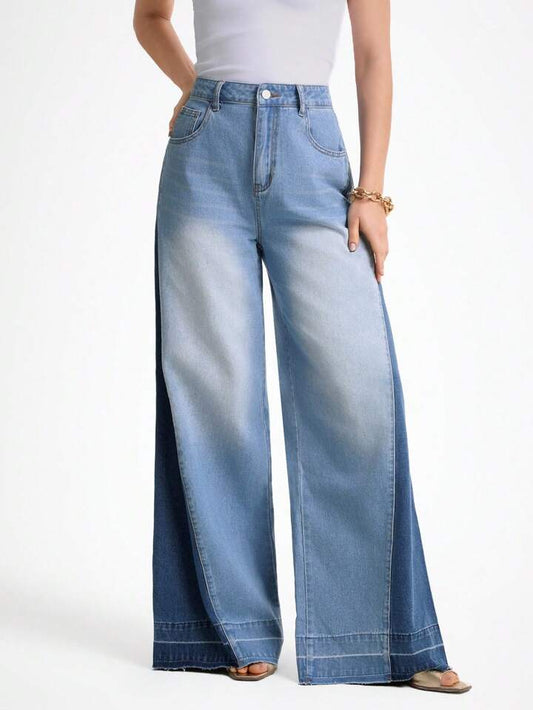 CM-BS921404 Women Casual Seoul Style Light Wash Pockets Design Loose Split Wide-Leg Jeans