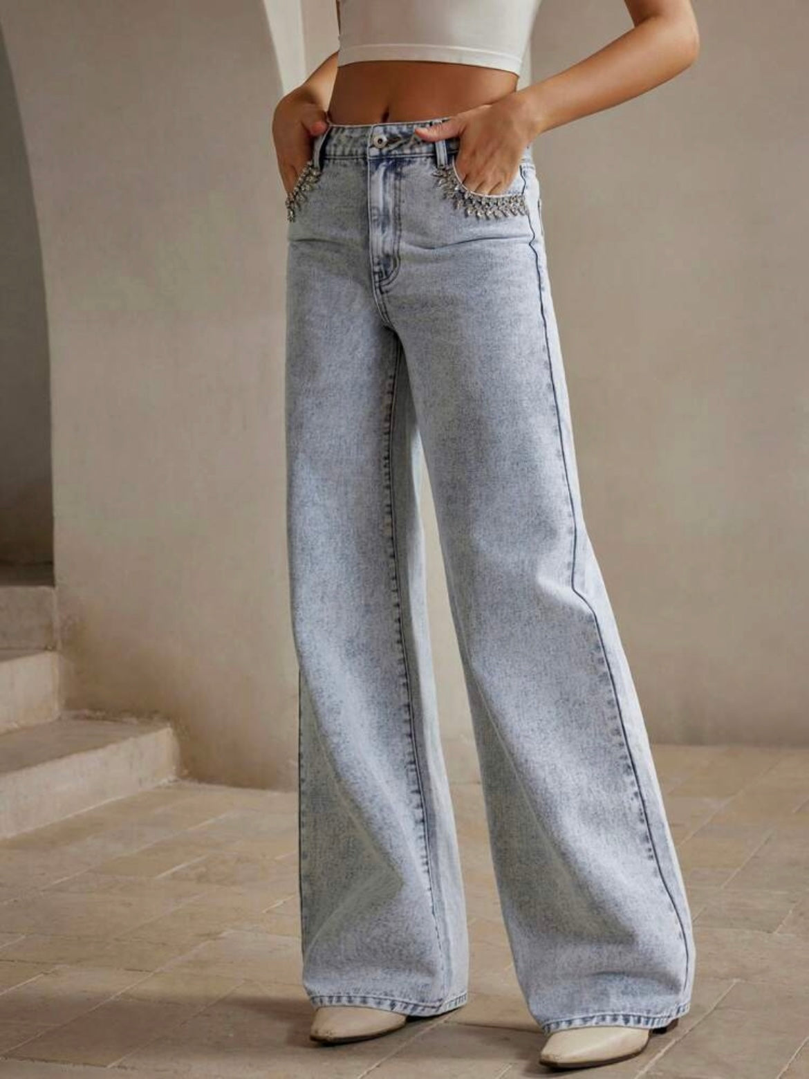 CM-BS975270 Women Elegant Seoul Style Rhinestone Decor Washed Loose Casual Straight Leg Jeans