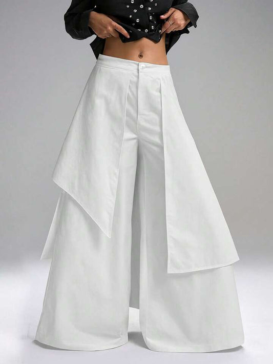 CM-BS113288 Women Casual Seoul Style Mid Waist Solid Color Loose Fit Wide Leg Pants - White