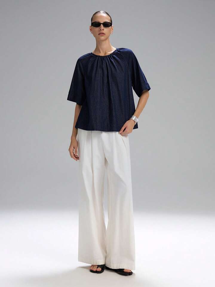 CM-TS435444 Women Casual Seoul Style Drawstring Round Neck 3/4 Sleeve Denim Loose Blouse - Blue