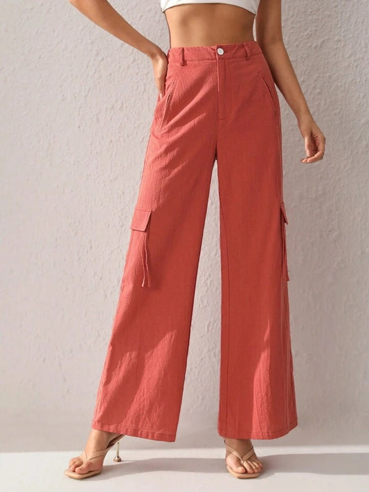 CM-BS279733 Women Trendy Bohemian Style Pocket Straigh-Legged Pants - Orange