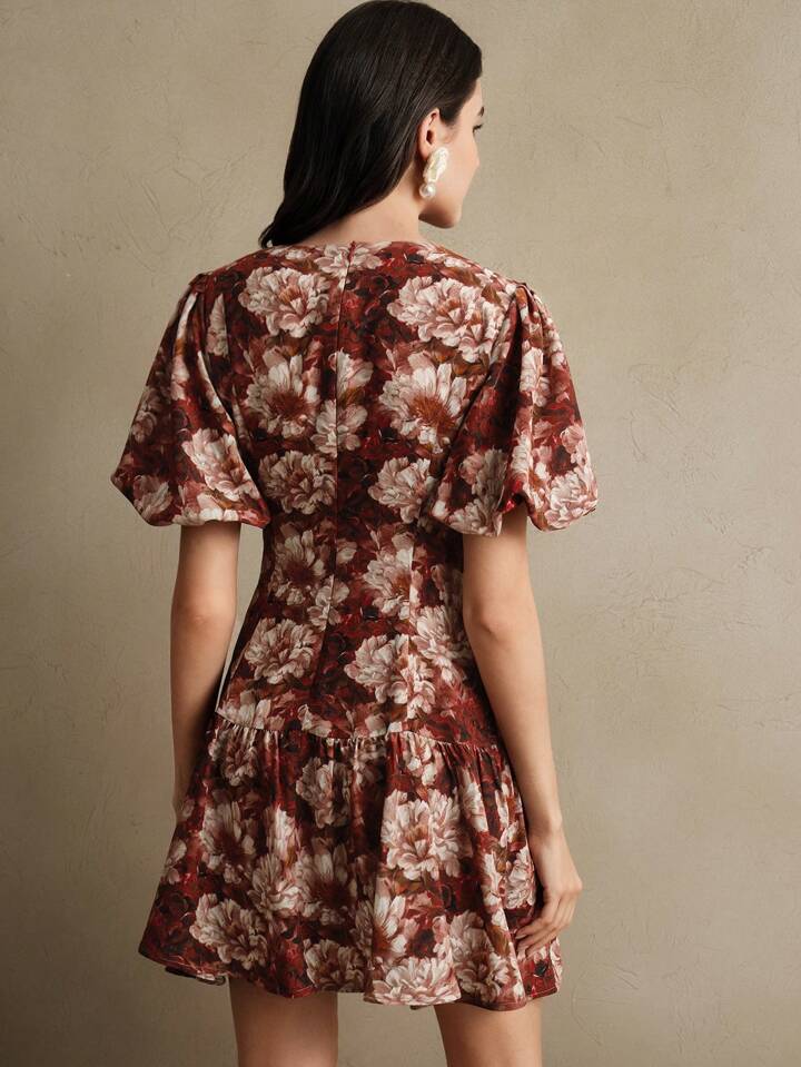 CM-DS955174 Women Elegant Seoul Style Floral Print Round Neck Puff Sleeve And Cinched Waist Mini Dress