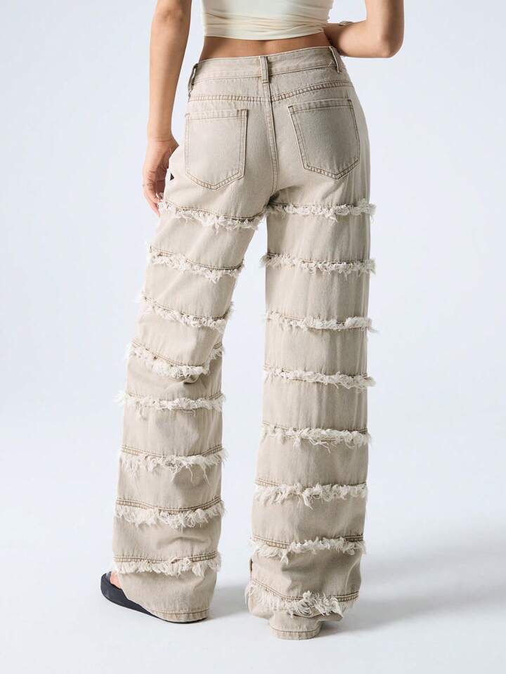 CM-BS705533 Women Casual Seoul Style Pocket Fray Hem Relaxed Straight Leg Jeans - Khaki