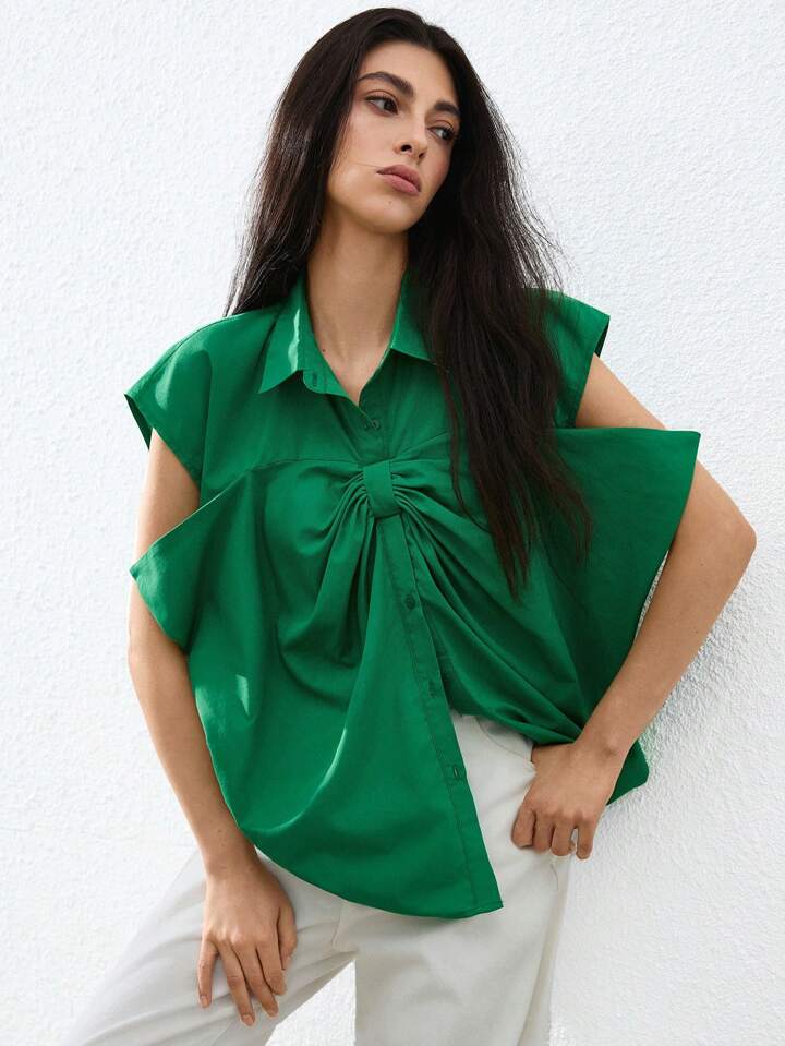 CM-TS799775 Women Casual Seoul Style Oversized Bow Detail Drop Shoulder Sleeveless Blouse - Green