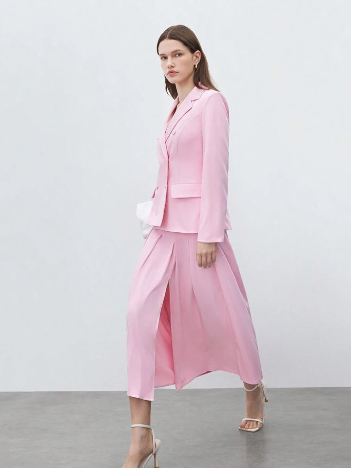 CM-SS175609 Women Elegant Seoul Style Patch Pocket Long Sleeve Blazer With Pleated Midi Skirt - Set