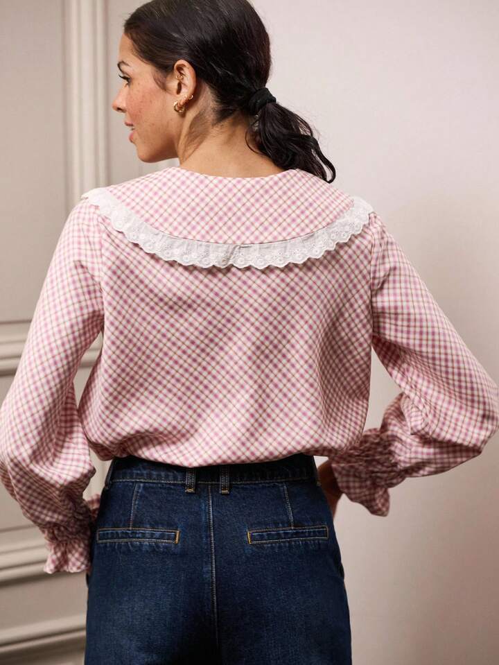 CM-TS124165 Women Casual Seoul Style Lace-Trimmed Peter Pan Collar Ruched Long Sleeve Gingham Blouse - Pink