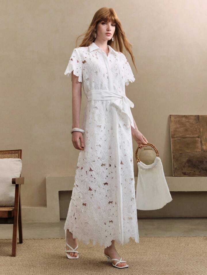 CM-DS577050 Women Trendy Bohemian Style Lace Hollow-Out Embroidered Floral Short Sleeve Open-Front Maxi Dress