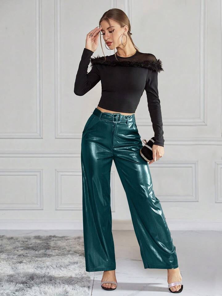 CM-BS923179 Women Elegant Seoul Style High Waist Belted Metallic Wide Leg Pants - Teal Blue