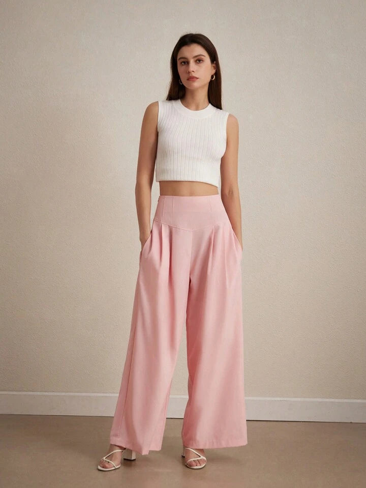 CM-BS092611 Women Casual Seoul Style Loose-Fitting High-Waisted Wide Leg Pants - Baby Pink