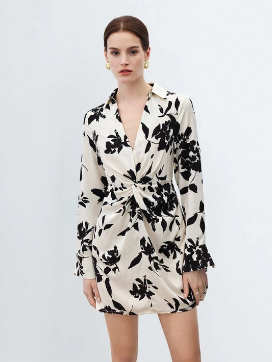CM-DS105957 Women Casual Seoul Style V-Neck Long Sleeve Printed Twist Knot Mini Dress