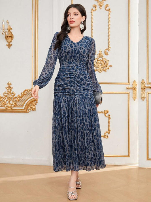 CM-DS161699 Women Elegant Seoul Style V-Neck Print Pleated Ruffle Hem Dress - Navy Blue