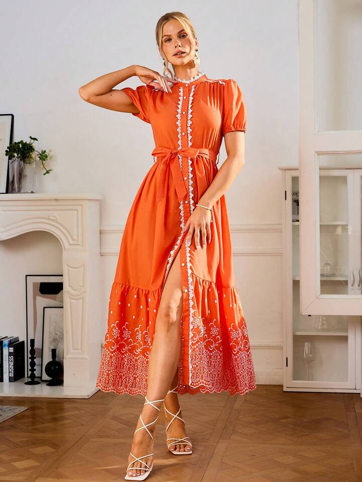 CM-DS097140 Women Elegant Seoul Style Stand Collar Puff Sleeve Embroidery Dress - Orange