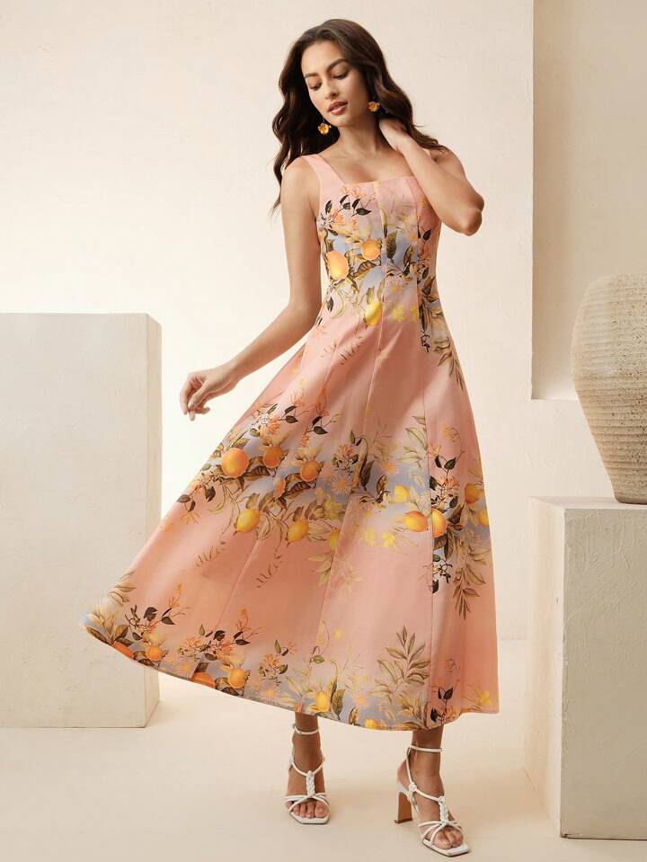 CM-DS571404 Women Trendy Bohemian Style Lemon Print Square Neck Sleeveless Mid Waist Maxi Dress