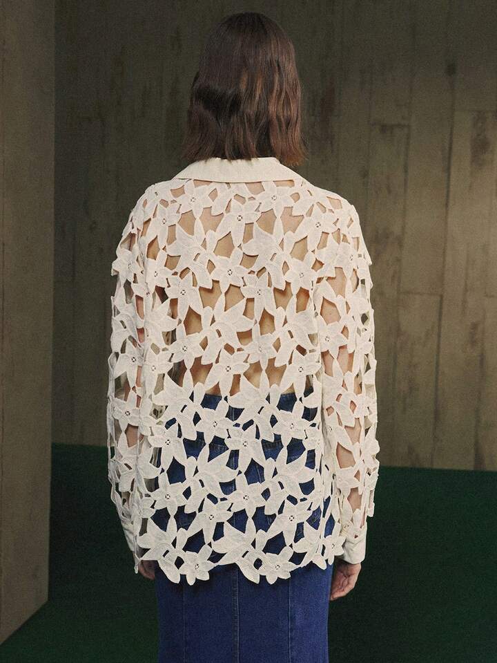 CM-TS750320 Women Elegant Seoul Style Floral Hollow Slightly Dropped Shoulder H-Shaped Patchwork Long-Sleeve Blouse