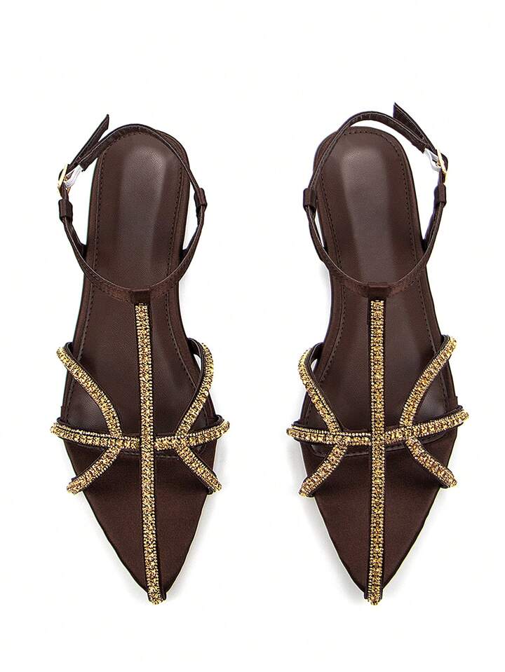 CM-SHS491459 Women Trendy Seoul Style Thin Strap Rhinestone Hollow Out Decor Satin Pointed Toe Ankle Strap Flats