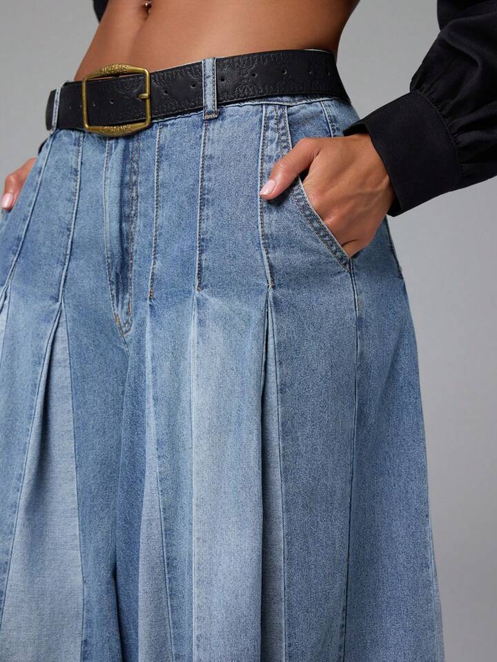 CM-BS851606 Women Casual Seoul Style Medium Wash Two Tone Color Block Wide Leg Flowy Baggy Jeans