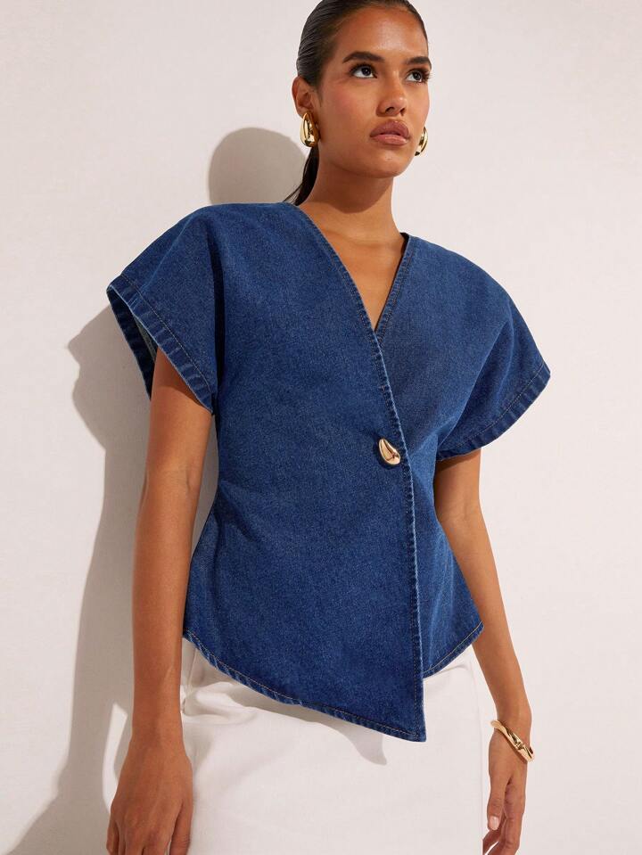 CM-TS555469 Women Casual Seoul Style Dark Wash Single-Button Bat Print Short Sleeve Denim Blouse
