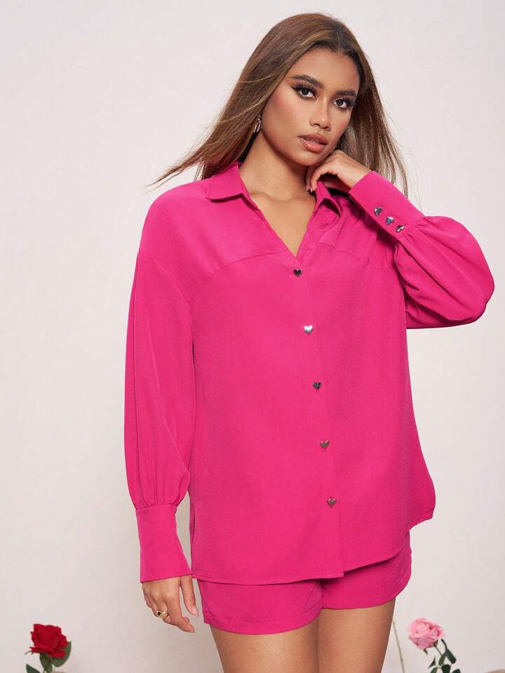 CM-TS560262 Women Casual Seoul Style Loose-Fitting Dropped Shoulder Long Sleeve Shirt - Hot Pink